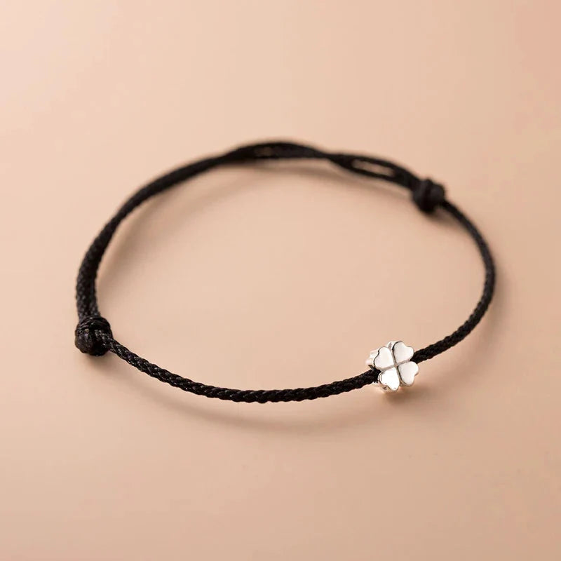 Rope Bracelet with White and Black 4-Leaf Clover