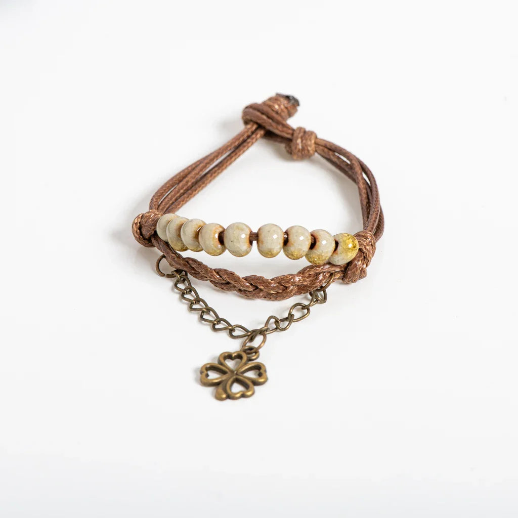 Rope Bracelet with Four-Leaf Clover and Yellow Beads