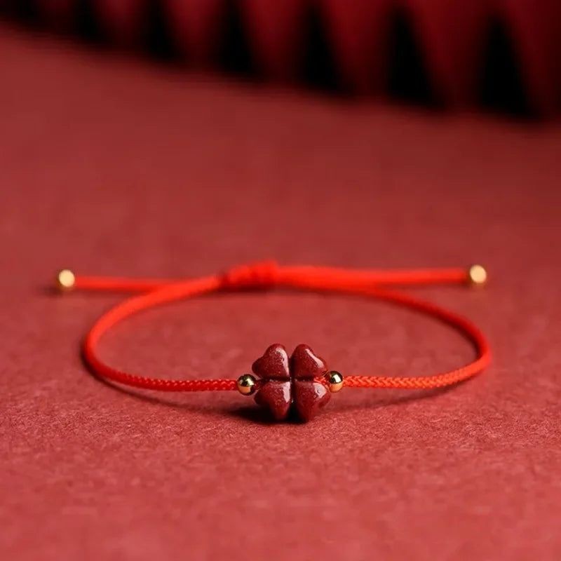 Cord Bracelet with Four-Leaf Clover in Red Cinnabar Stone