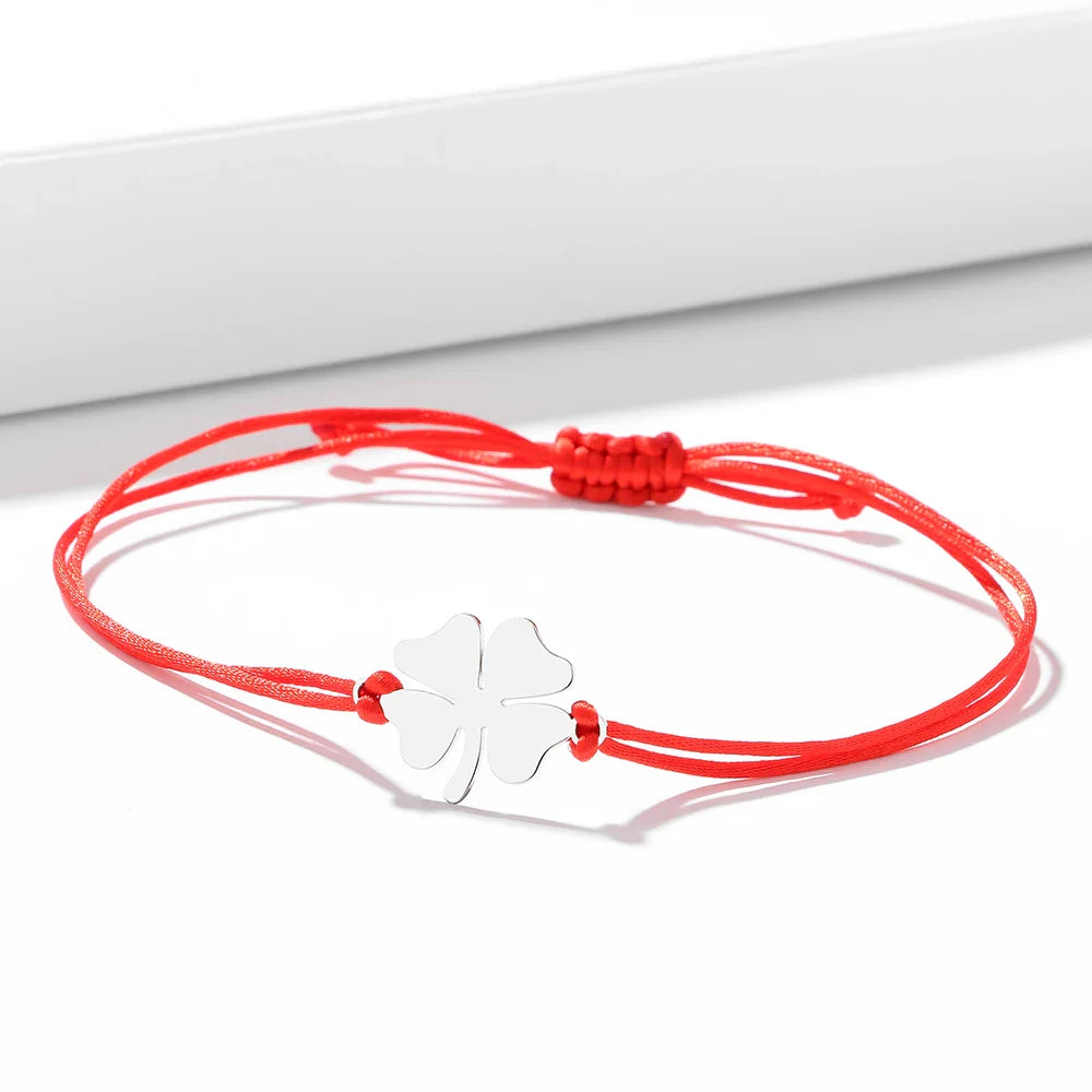 Rope Bracelet with Red and Silver Lucky Four-Leaf Clover