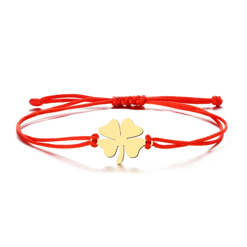 Rope Bracelet with Red and Gold Lucky Four-Leaf Clover