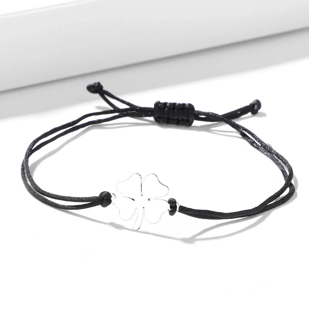 Rope Bracelet with Black and Silver Lucky Four-Leaf Clover