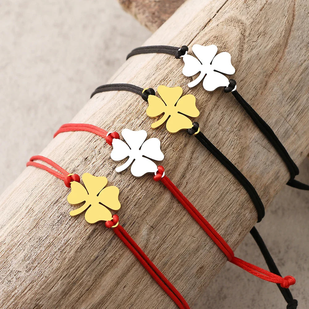 Rope Bracelet with Red and Gold Lucky Four-Leaf Clover