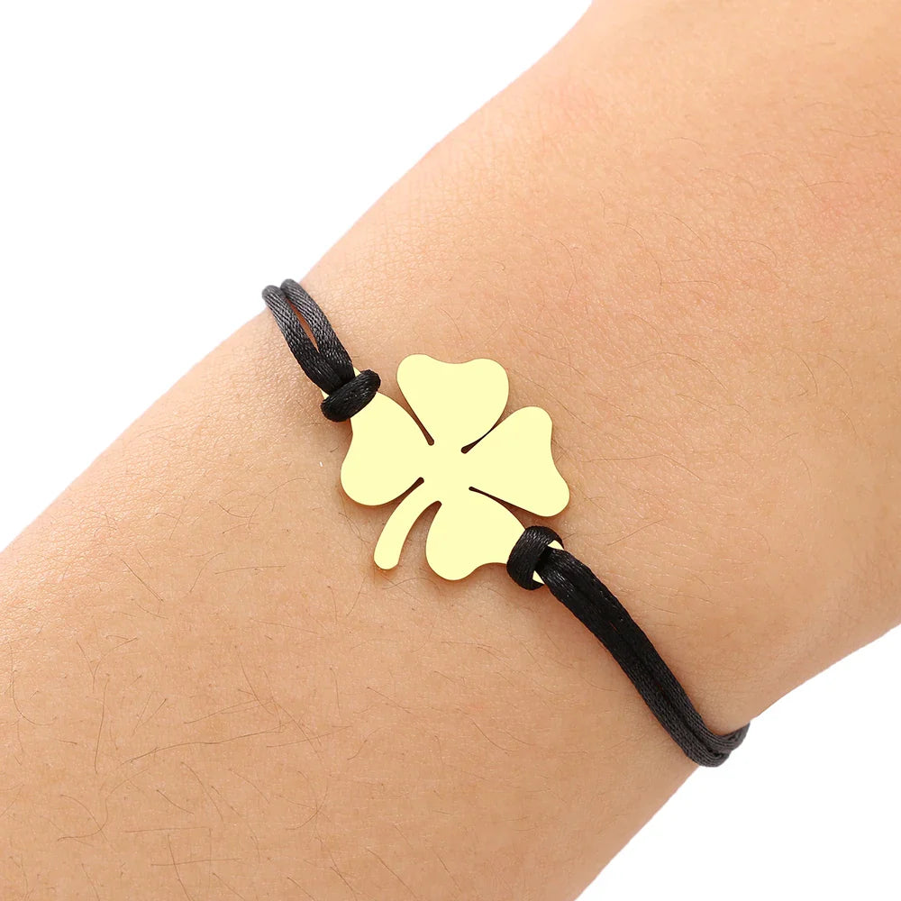 Rope Bracelet with Black and Gold Lucky Four-Leaf Clover