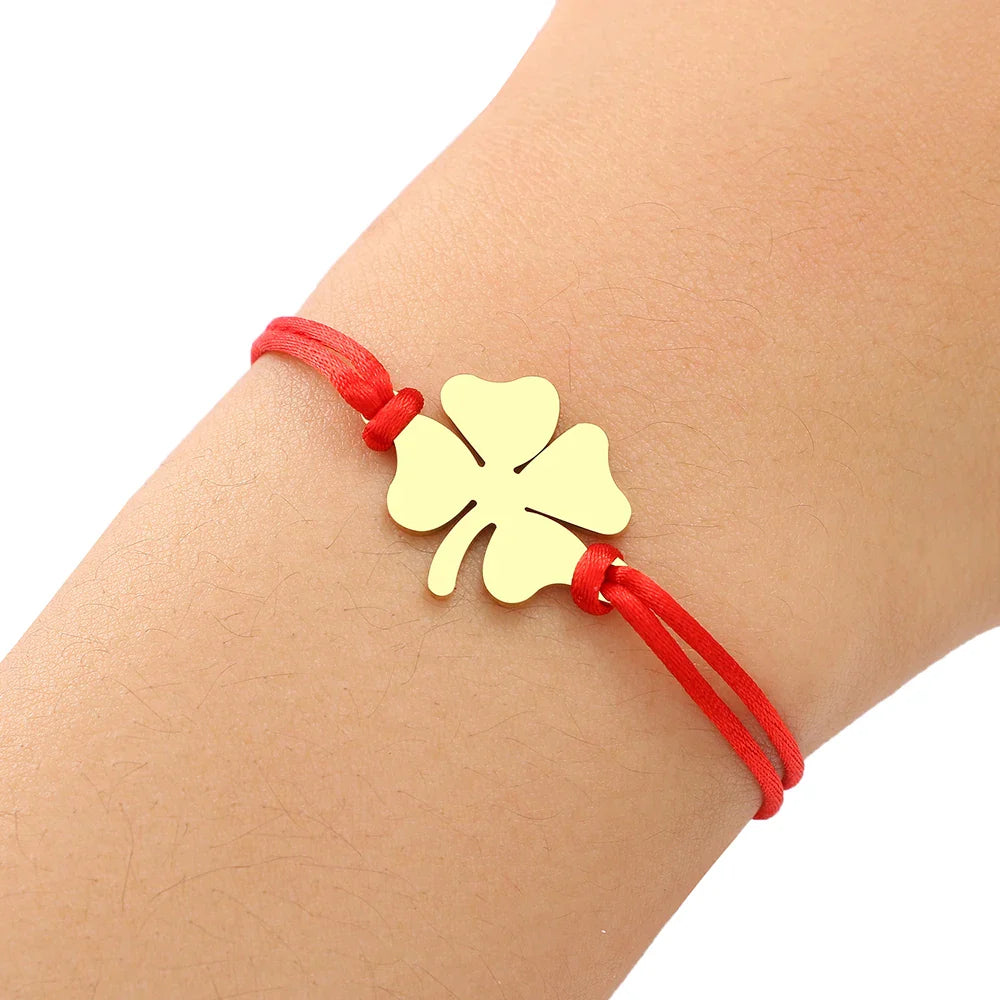 Rope Bracelet with Red and Gold Lucky Four-Leaf Clover