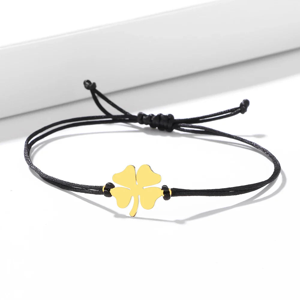 Rope Bracelet with Black and Gold Lucky Four-Leaf Clover