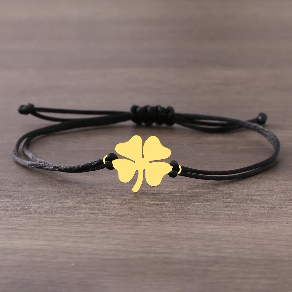 Rope Bracelet with Black and Gold Lucky Four-Leaf Clover