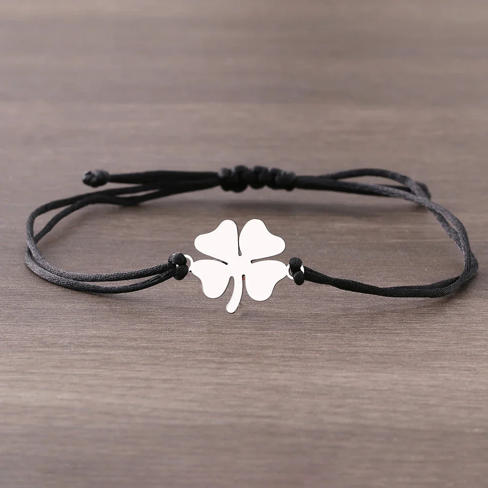 Rope Bracelet with Black and Silver Lucky Four-Leaf Clover