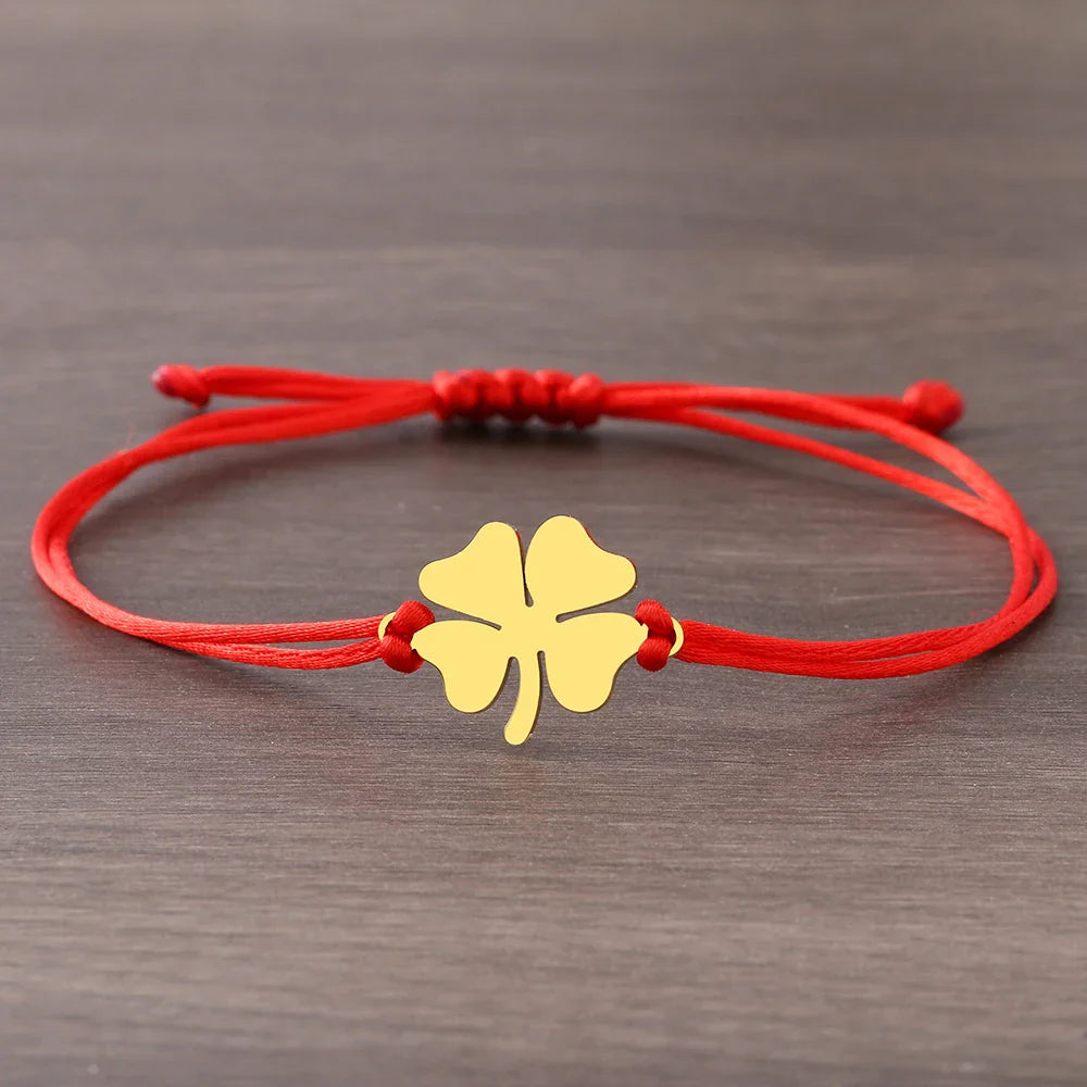 Rope Bracelet with Red and Gold Lucky Four-Leaf Clover
