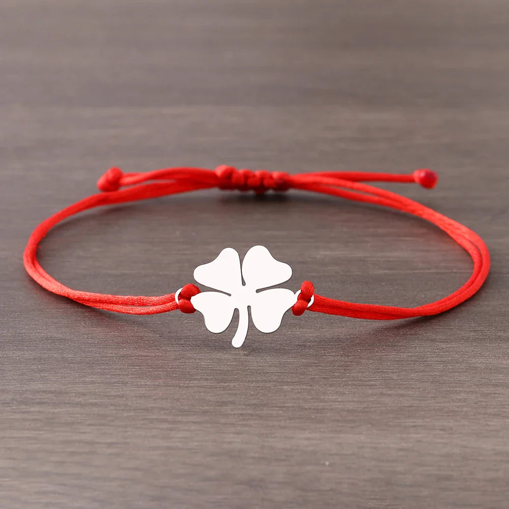 Rope Bracelet with Red and Silver Lucky Four-Leaf Clover