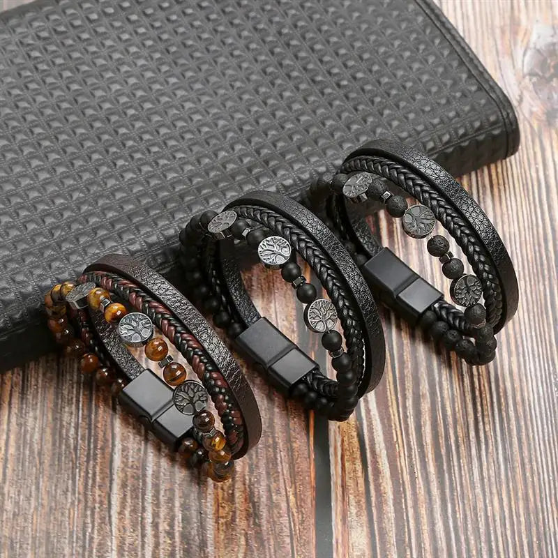 Tree of Life Leather Bracelet Beaded Men