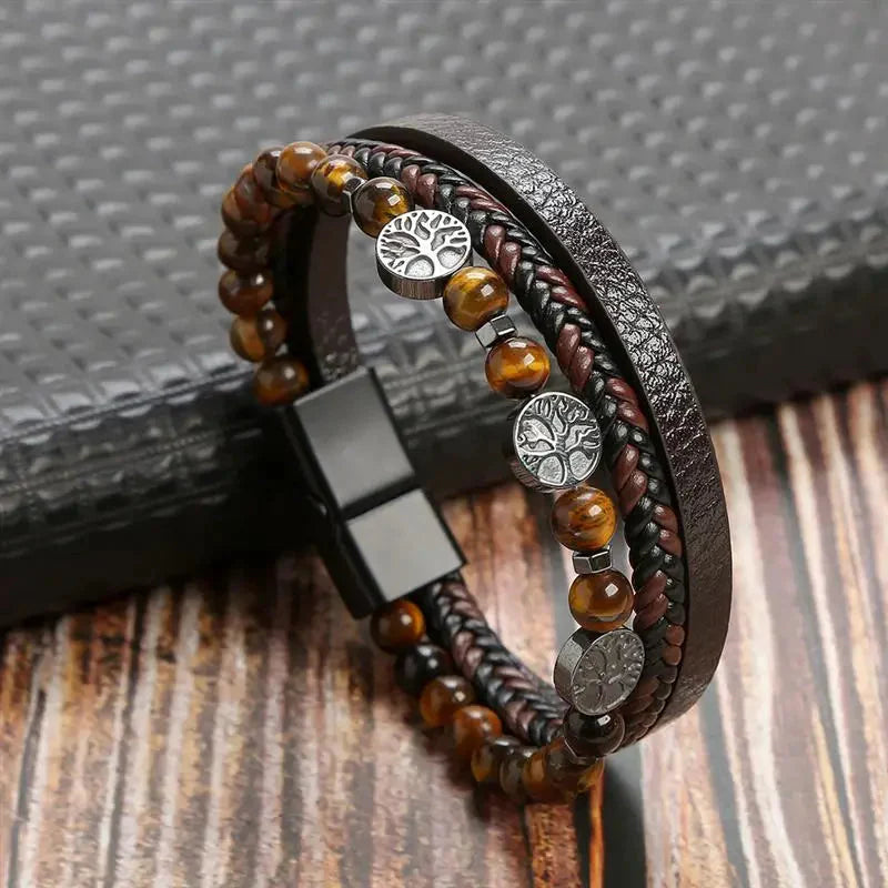 Tree of Life Leather Bracelet Beaded Men style 1