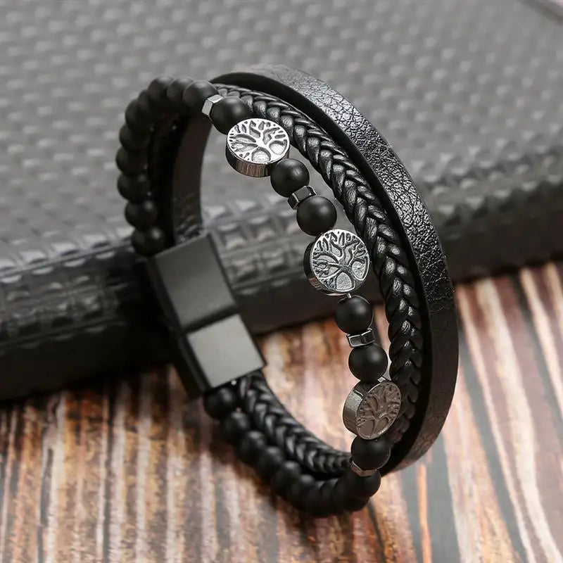 Tree of Life Leather Bracelet Beaded Men style 2