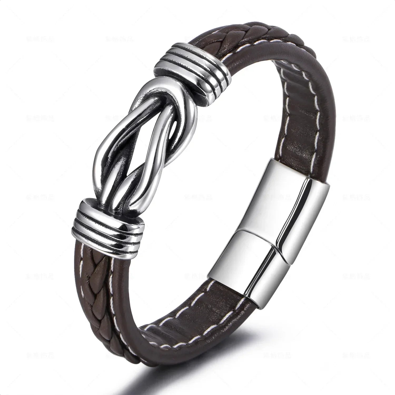 Leather bracelet with knot for men brown
