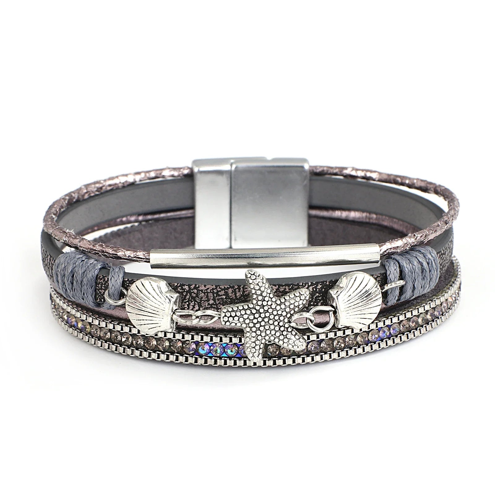 Gray shell and starfish leather bracelet