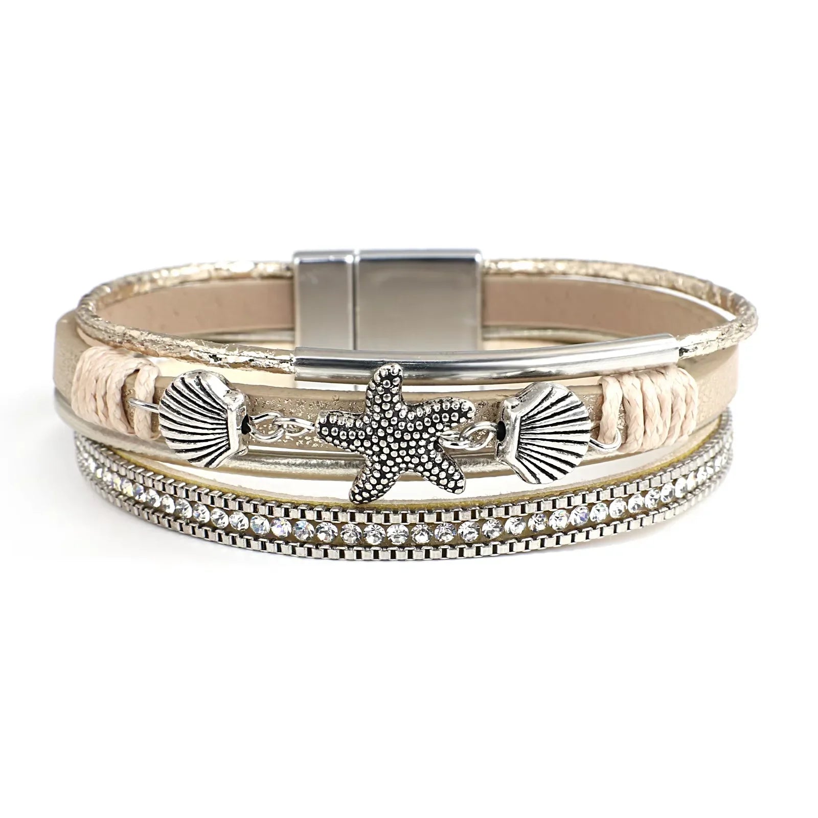 White gold shell and starfish leather bracelet