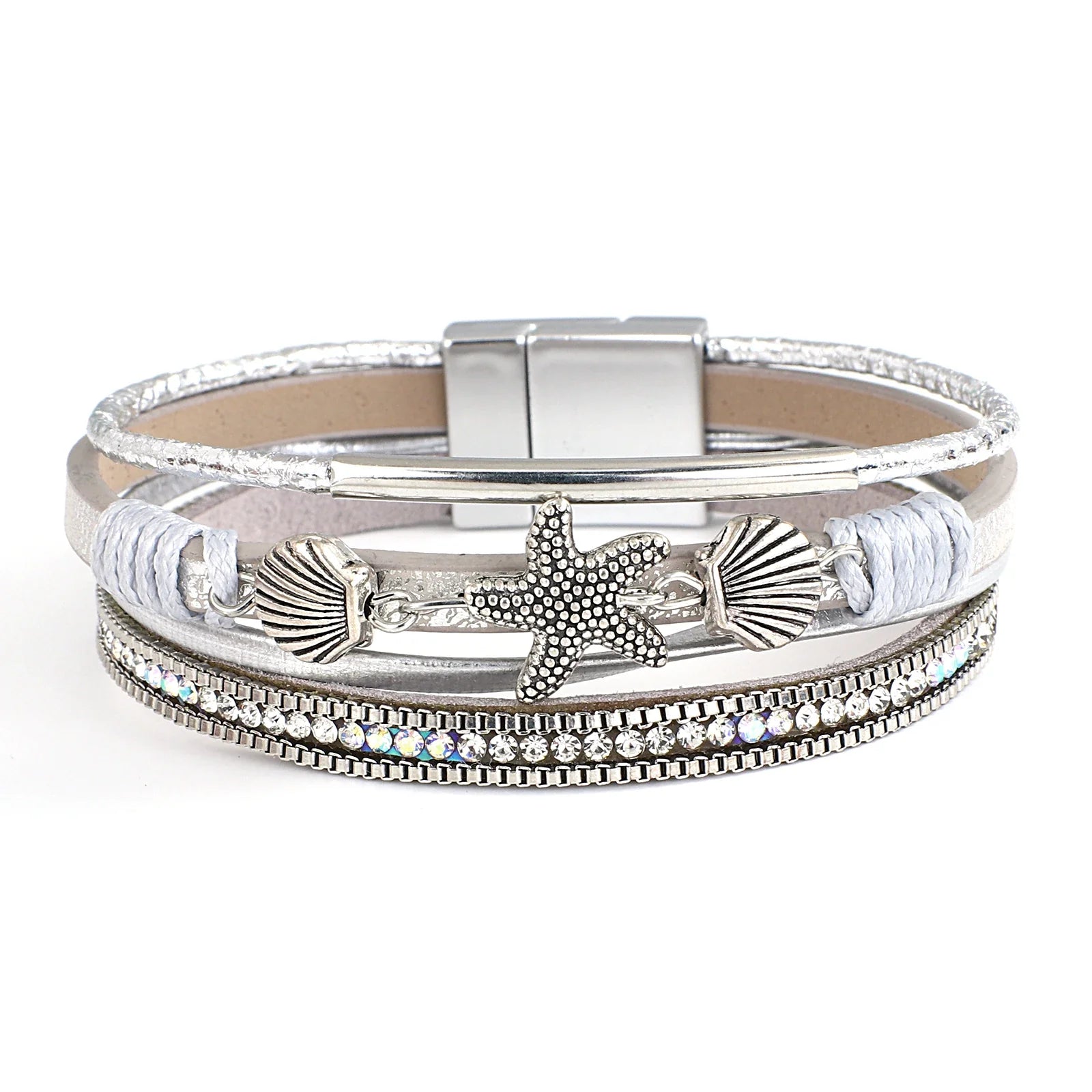 Silver shell and starfish leather bracelet