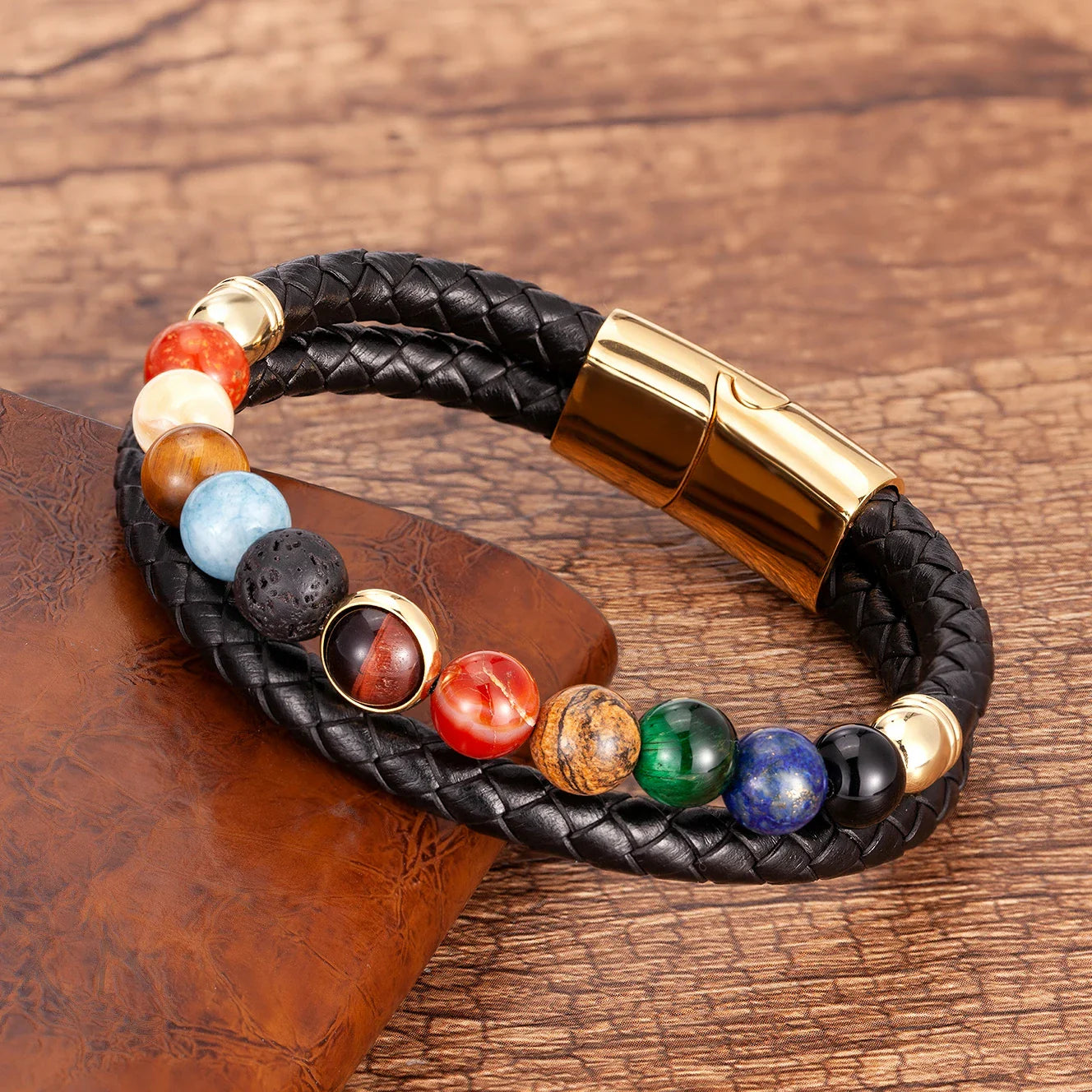 7 Chakra Stone Leather Bracelet for Men Women gold style a