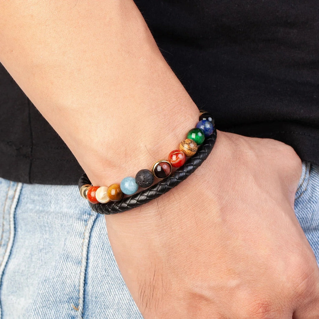 7 Chakra Stone Leather Bracelet for Men Women