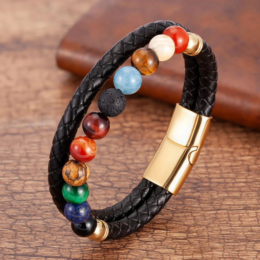 7 Chakra Stone Leather Bracelet for Men Women gold style b