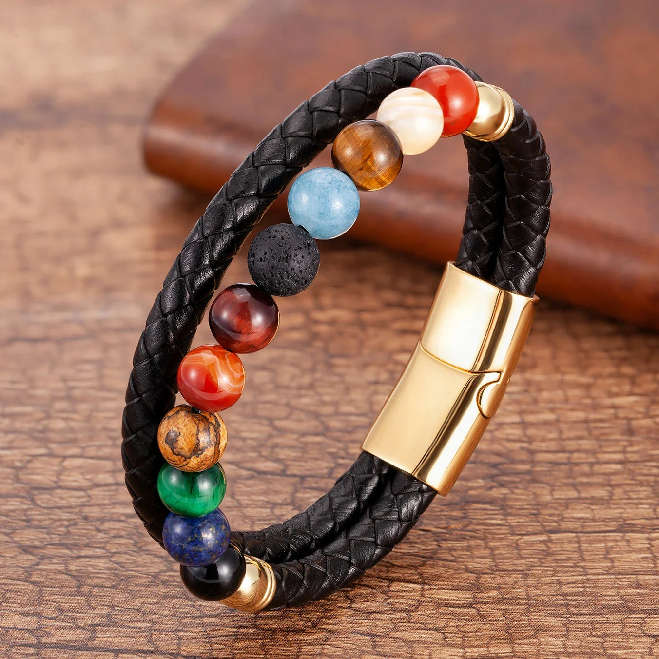 7 Chakra Stone Leather Bracelet for Men Women gold style b