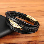 Gold Men's Feather Leather Bracelet