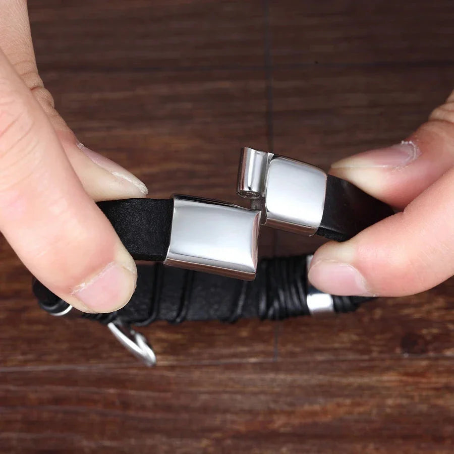 Silver Men's Feather Leather Bracelet