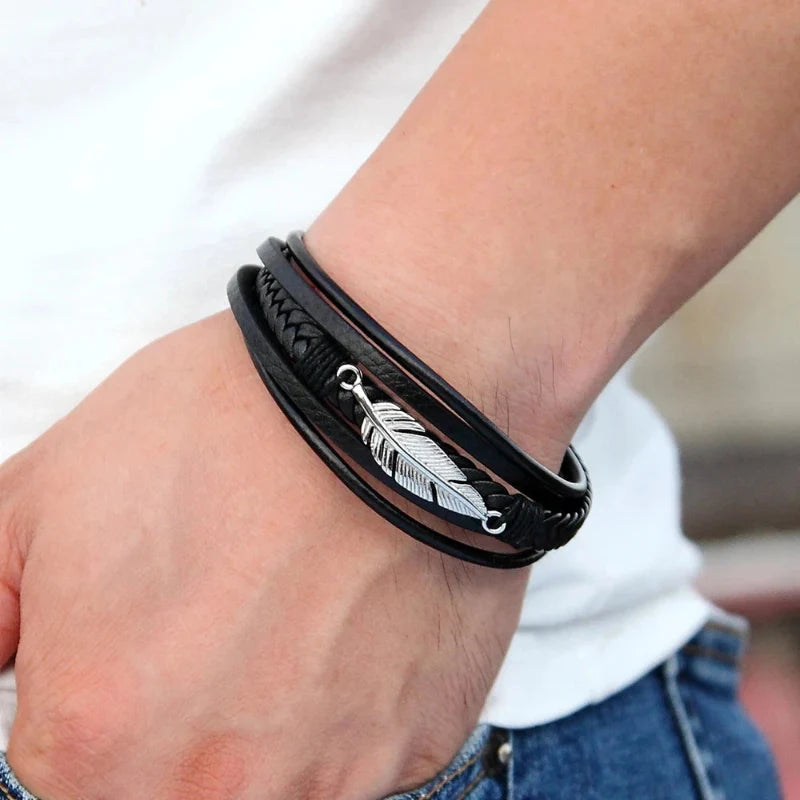 Silver Men's Feather Leather Bracelet