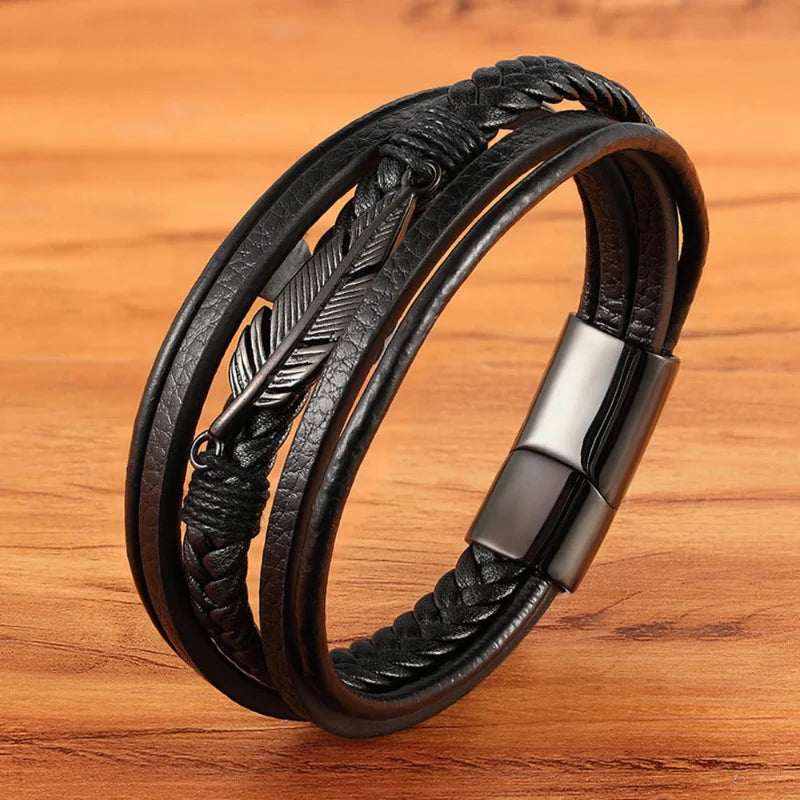 Black Men's Feather Leather Bracelet