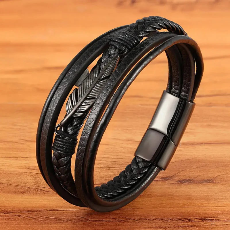 Black Men's Feather Leather Bracelet