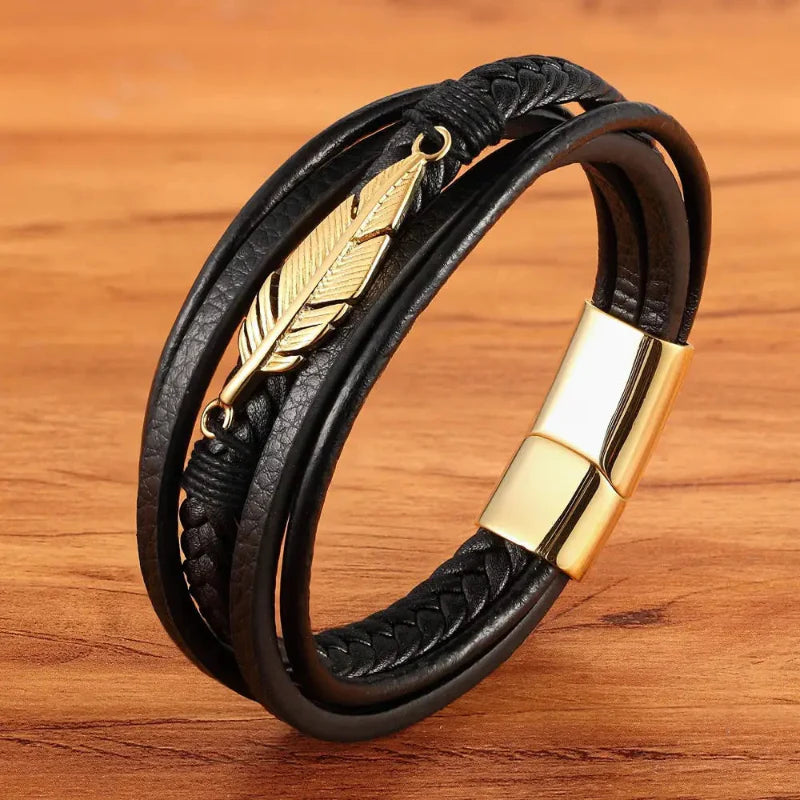 Gold Men's Feather Leather Bracelet