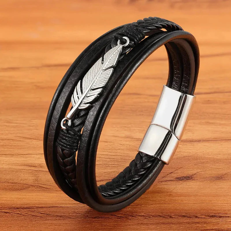 Silver Men's Feather Leather Bracelet