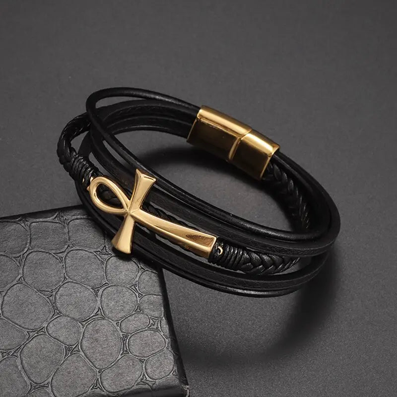 Egyptian Braided Leather Bracelet Ankh Cross gold