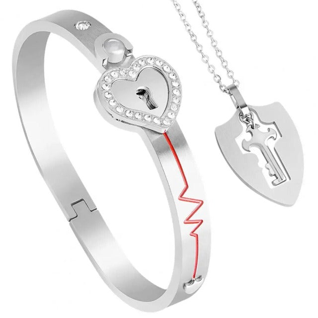 Bracelet and Key Heart Necklace for Couples silver