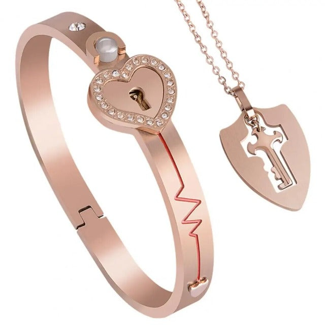 Bracelet and Key Heart Necklace for Couples rose gold