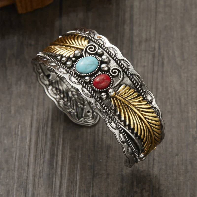 Vintage Ethnic Bracelet with Stones and Feathers Gold and Silver