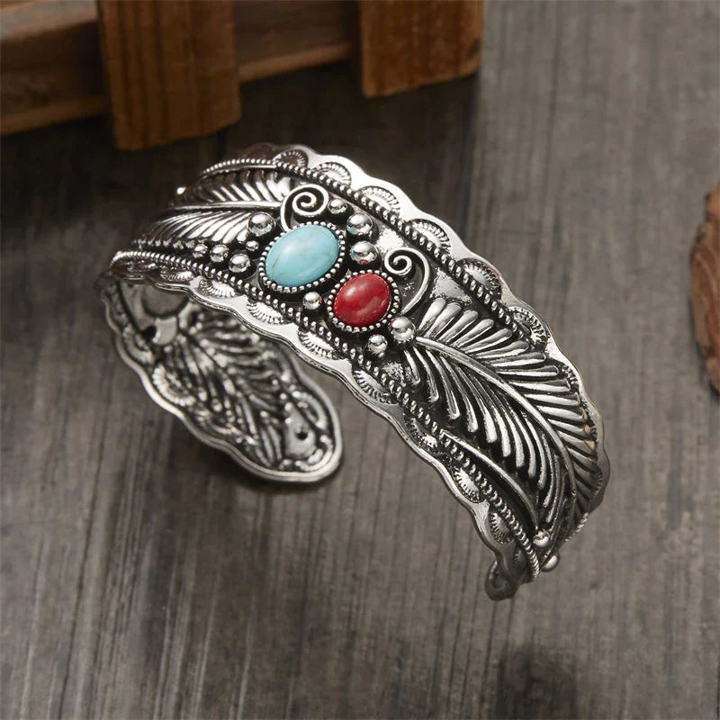 Vintage Ethnic Bracelet with Stones and Feathers Silver