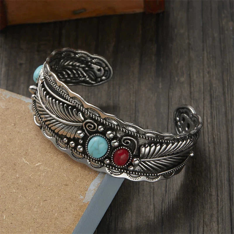 Vintage Ethnic Bracelet with Stones and Feathers Silver