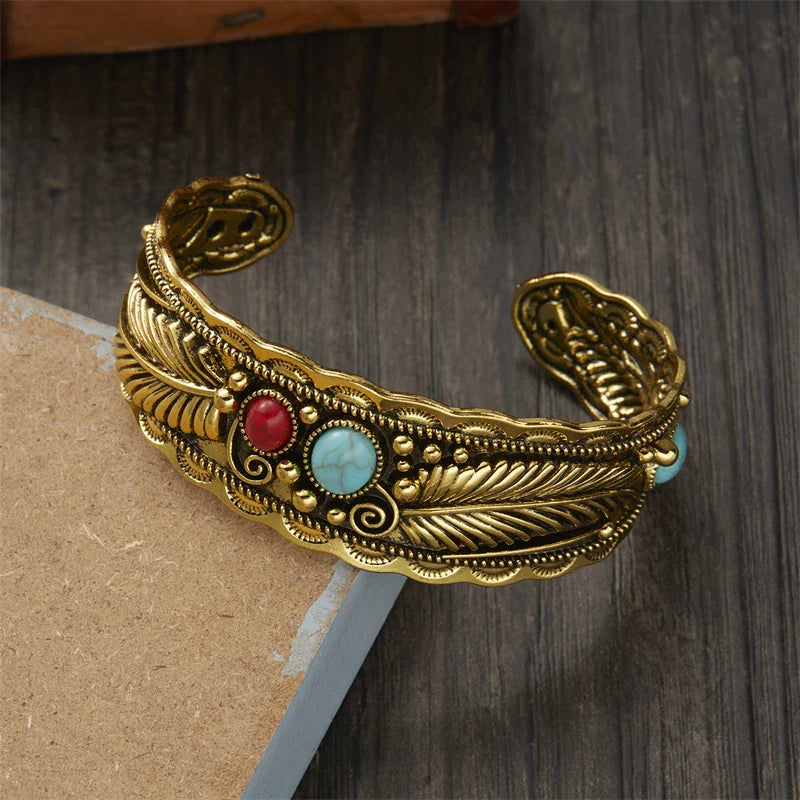 Vintage Ethnic Bracelet with Stones and Feathers Gold