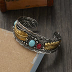 Vintage Ethnic Bracelet with Stones and Feathers Gold and Silver