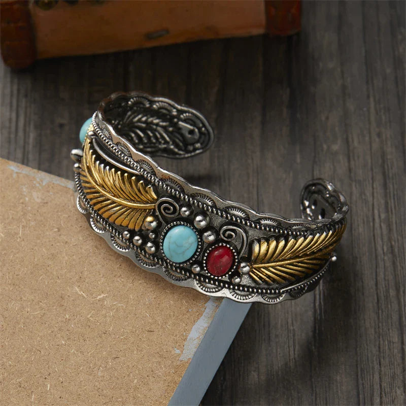 Vintage Ethnic Bracelet with Stones and Feathers Gold and Silver