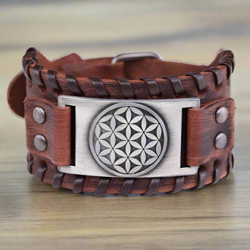 Men's brown leather Flower of Life bracelet in silver