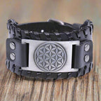 Men's black leather Flower of Life bracelet