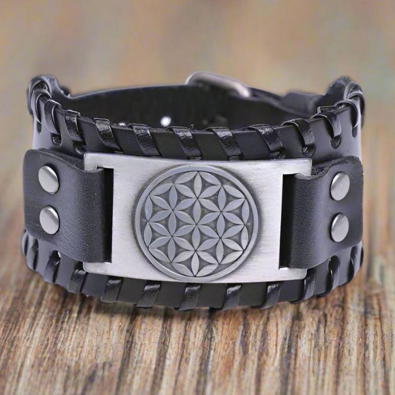 Men's black leather Flower of Life bracelet