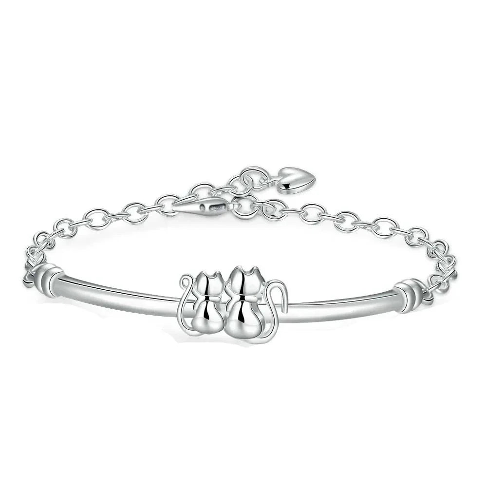 Silver Double Cat ID Bracelet
