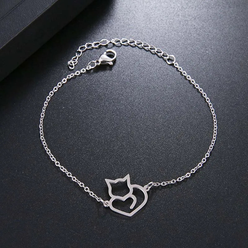 Silver Cat Heart ID Bracelet