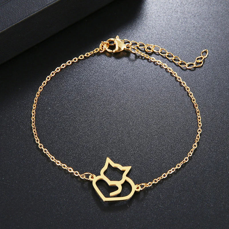 Gold Cat Heart ID Bracelet