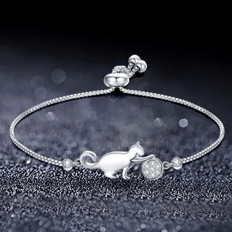 Silver Zircon Cat Gourmette Bracelet