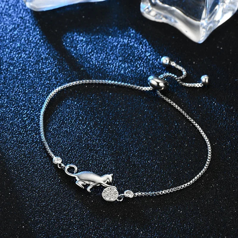 Silver Zircon Cat Gourmette Bracelet