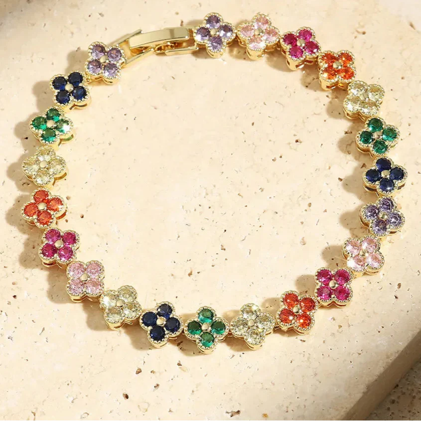 Colored Daisy Flower Curb Bracelet Gold